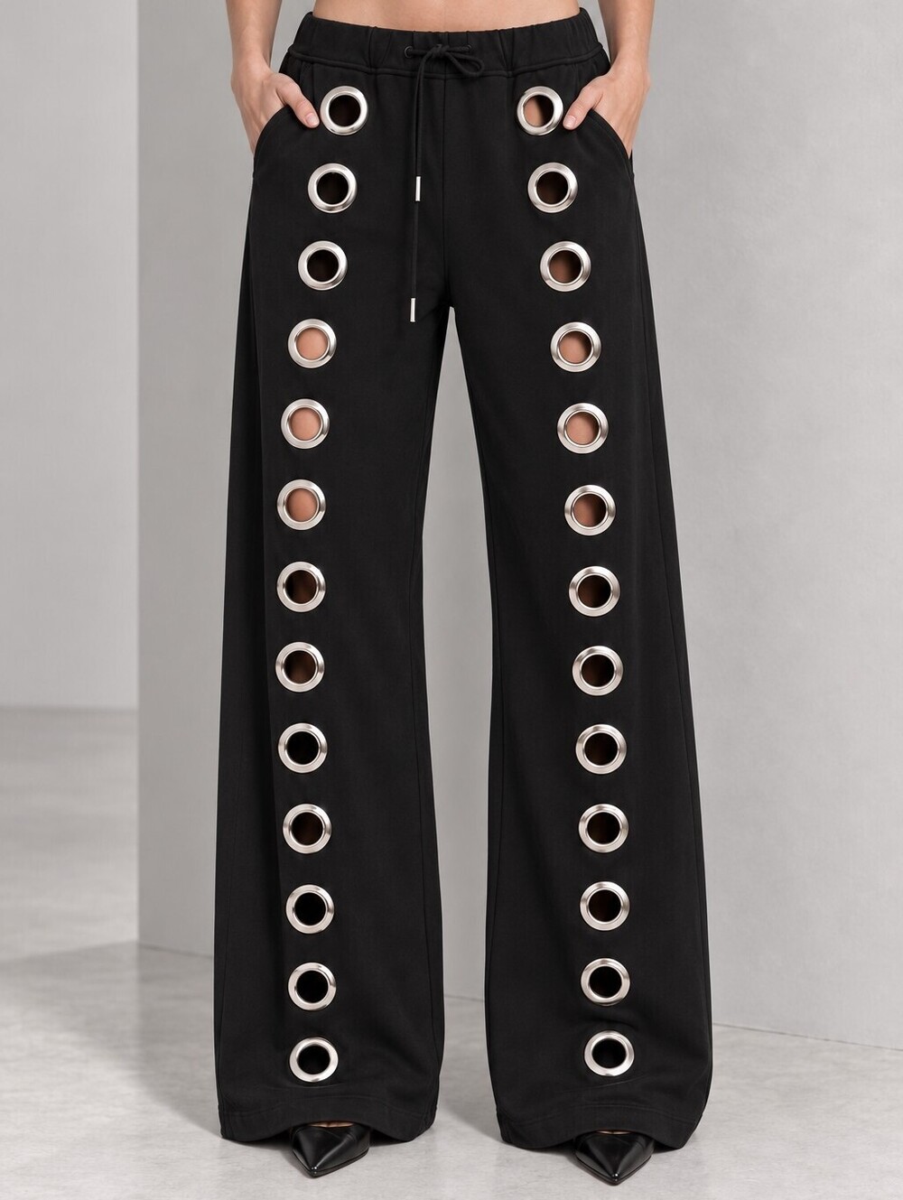 NWT Y2K Black Streetwear Oversized Grommet Wide Leg High Rise Pants Rave Grunge - Picture 9 of 15